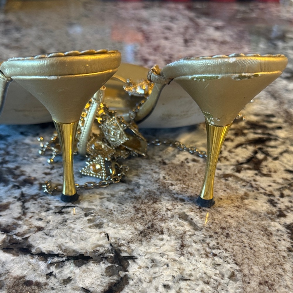 Wild Rose Metallic Gold Jeweled T-Strap Sandals - Picture 5 of 7